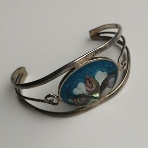 Vintage Alpaca Mexico Abalone Inlay Floral Cuff Bracelet